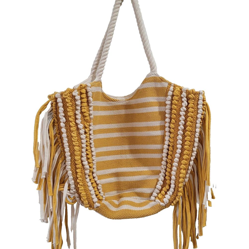 Yellow Stripe Fringe Summer Beach Bag Tote Boho Cotton Fabric Walmart